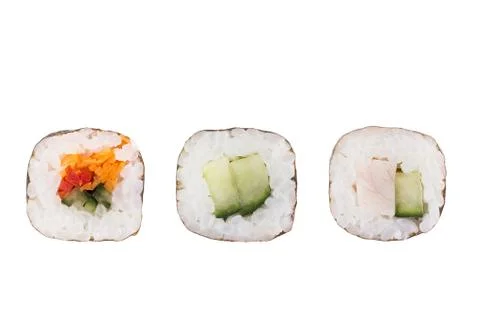 Sushi rolls isolated on white background. Collection. Close-up of delicious j Stock Photos