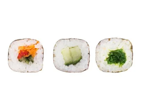 Sushi rolls isolated on white background. Collection. Close-up of delicious j Stock Photos