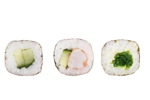 Sushi rolls isolated on white background. Collection. Close-up of delicious j Stock Photos