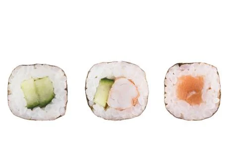 Sushi rolls isolated on white background. Collection. Close-up of delicious j Stock Photos
