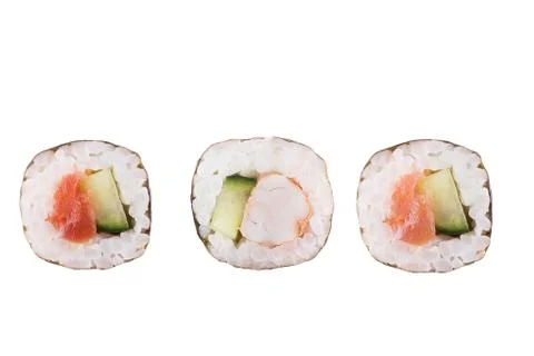 Sushi rolls isolated on white background. Collection. Close-up of delicious j Stock Photos