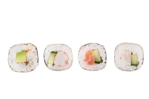 Sushi rolls isolated on white background. Collection. Close-up of delicious j Stock Photos