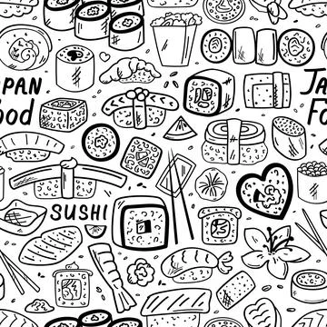 Sushi, rolls, pattern, doodle, sketch, vector illustration for advertising. P Stock Illustration