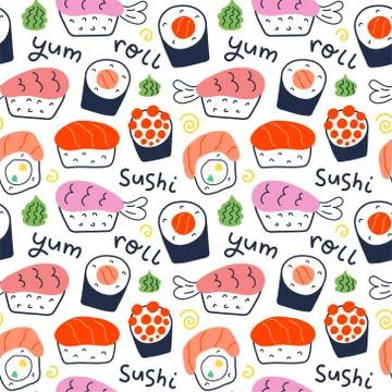 Sushi rolls pattern, seafood illustration, philadelphia, maki and nigiri, yummi Stock Illustration