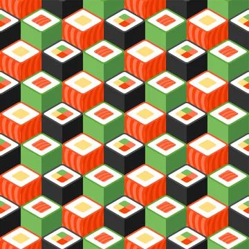 Sushi rolls pattern seamless. Traditional Japanese food background. Vector te Stock Illustration
