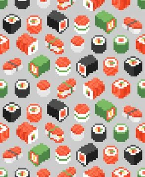 Sushi rolls pixel art pattern seamless. 8 bit Traditional Japanese food backg Illustrazione stock