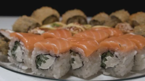 Sushi rolls on a plate side view focus shift Stock Footage 108009526
