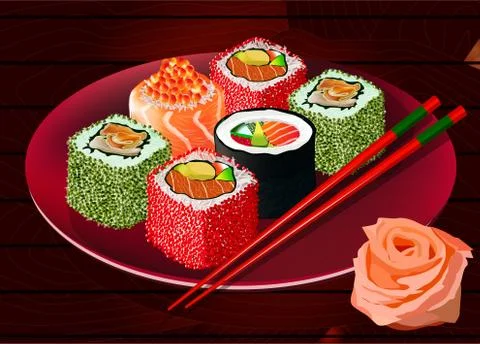 Sushi rolls on red plate, vector Stock Illustration