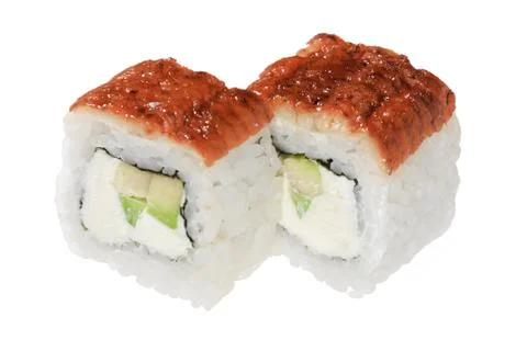Sushi rolls with sea eel, cheese and avocado. Stock Photos