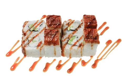 Sushi rolls with sea eel, cheese and avocado. Stock Photos