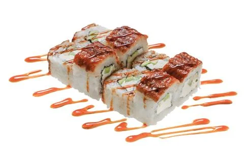 Sushi rolls with sea eel, cheese and avocado. Stock Photos