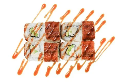Sushi rolls with sea eel, cheese and avocado. Stock Photos
