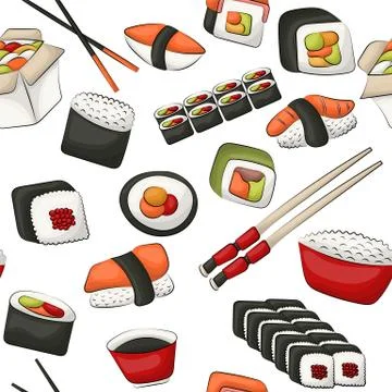 Sushi rolls seamless pattern. Asian food restaurant menu repeat background Stock Illustration