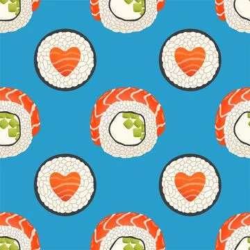 Sushi rolls seamless pattern japan asian food vector design isolated on colorful Stock Illustration