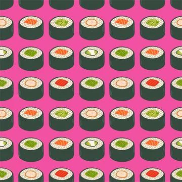 Sushi rolls seamless pattern japan asian food vector design isolated on colorful Stock Illustration