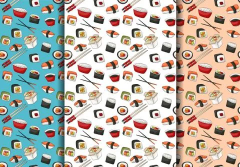 Sushi rolls seamless pattern set. Asian food restaurant menu repeat イラスト素材