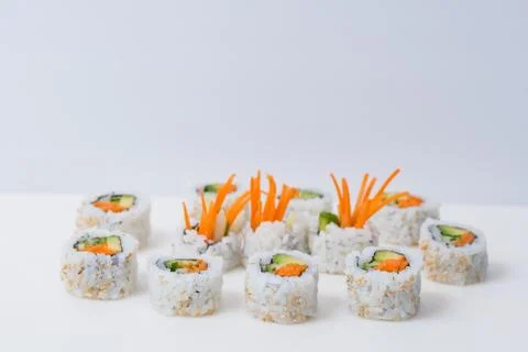Sushi rolls with selective focus isolated on white background Stock Photos