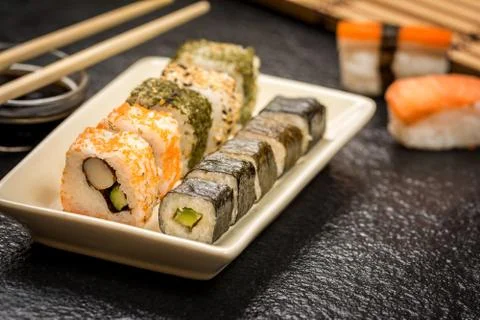 Sushi rolls on stone Stock Photos