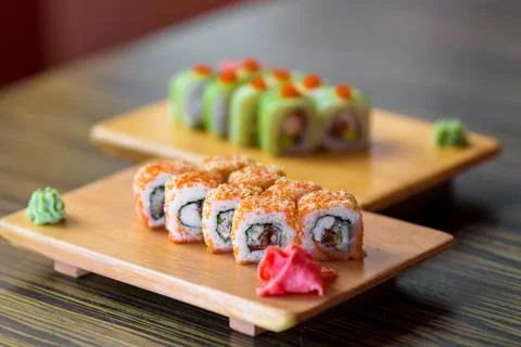 Sushi rolls on the table Stock Photos