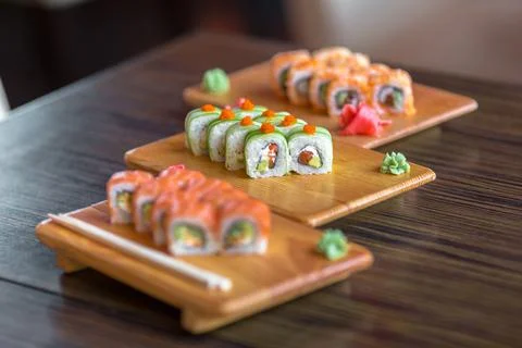 Sushi rolls on the table Stock Photos