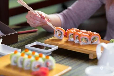 Sushi rolls on the table Stock Photos