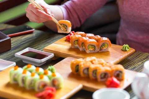 Sushi rolls on the table Stock Photos