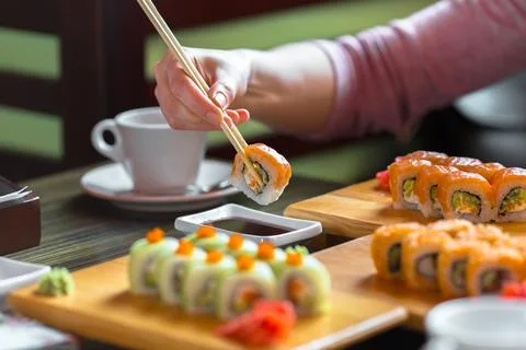 Sushi rolls on the table Stock Photos