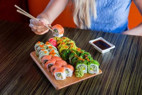 Sushi rolls on the table Stock Photos