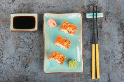 Sushi rolls on the table. Top view. Stock Photos
