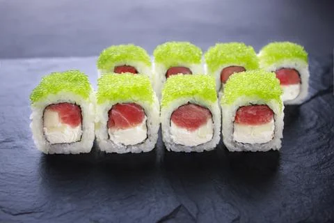 Sushi rolls with tuna and caviar, Japanese cuisine Stock Photos