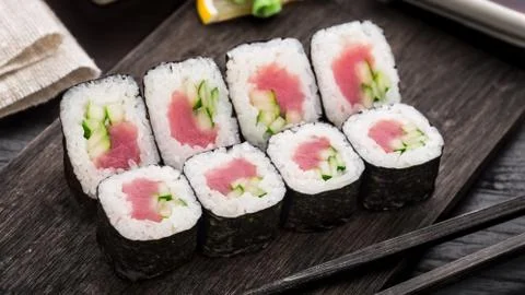Sushi rolls with tuna and cucumber Stock Photos