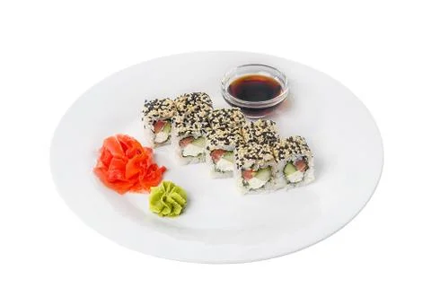 Sushi, rolls on a white isolated background Stock Photos