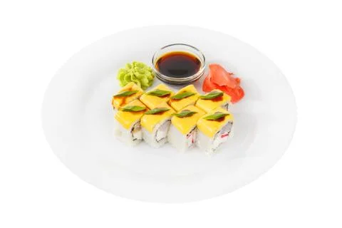 Sushi, rolls on a white isolated background Stock Photos