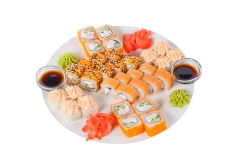 Sushi, rolls on a white isolated background Stock Photos