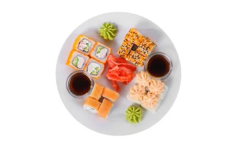 Sushi, rolls on a white isolated background Stock Photos