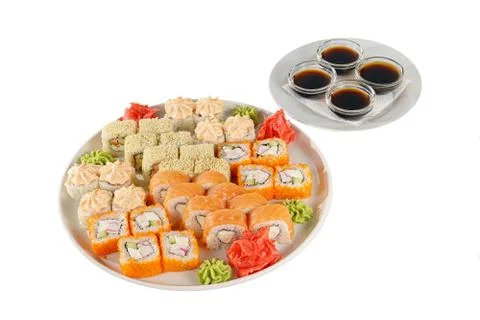Sushi, rolls on a white isolated background Stock Photos
