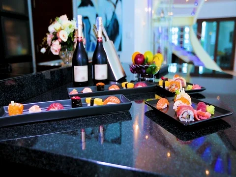 Sushi rolls with wine slider Stock Footage 80532482