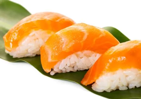 Sushi with salmon on a leaf Stock Photos