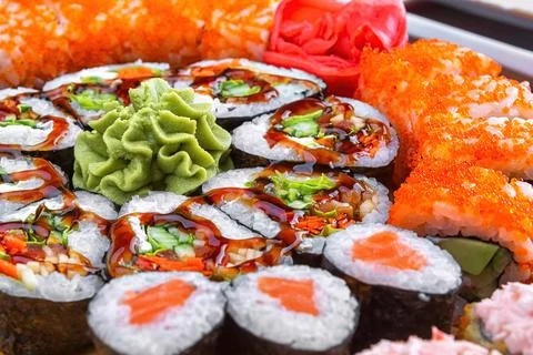 Sushi set Close up . Assorted sushi Stock Photos