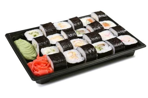 Sushi set of different rolls on a white background isolated Stock Photos