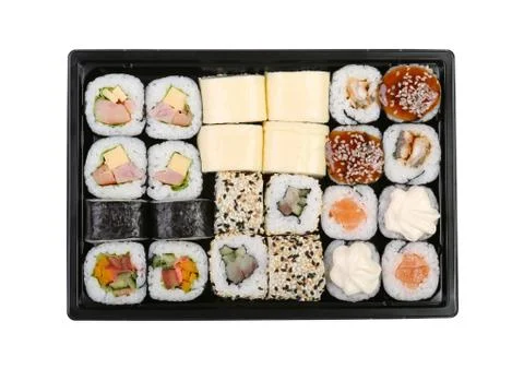 Sushi set of different rolls on a white background isolated Stock Photos