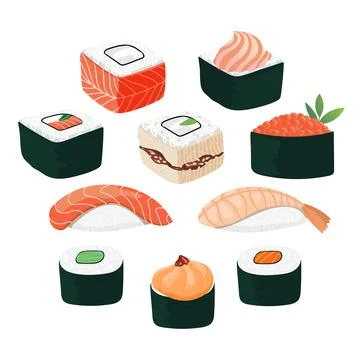 Sushi set. Different types of sushi and rolls collection. Stock Illustration