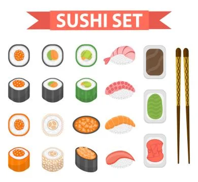 Sushi set icons, element for design, flat style. Japanese rolls, wasabi, soy Stock Illustration