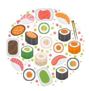 Sushi set icons, in round shape, flat style. Japanese cuisine isolated on white Stock Illustration