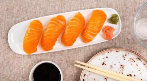 Sushi set of nigiri, served on rectangular plate 스톡 사진