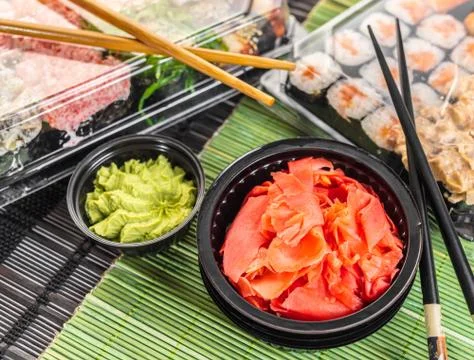 Sushi set in the package close-up Stock Photos