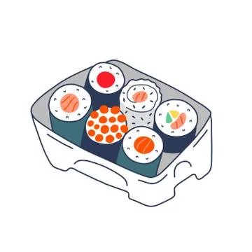 Sushi set in plastic box container for delivery service, various sushi rolls Stock Illustration