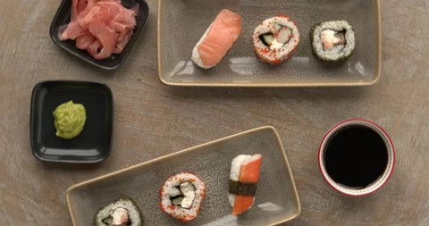 Sushi set on rectangular plates. Stock Footage 278514339
