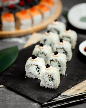 Sushi set with rice on the table Stock Photos