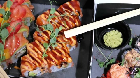 Sushi set rolls, maki in packging tray. Japanese and Asian food. Stock Footage 165272254